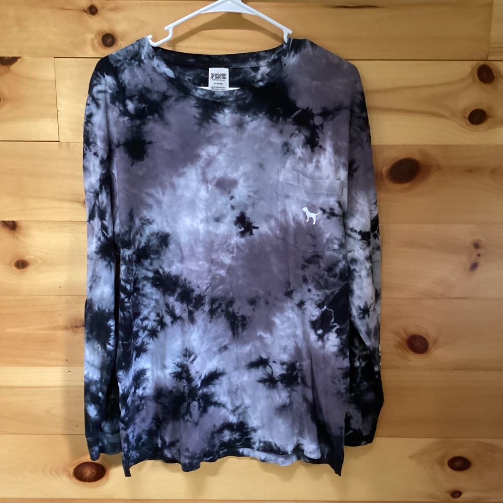 Victoria's Secret PINK Tie Dye Long Sleeve Pocket Tee Black Grey Dog Logo M
